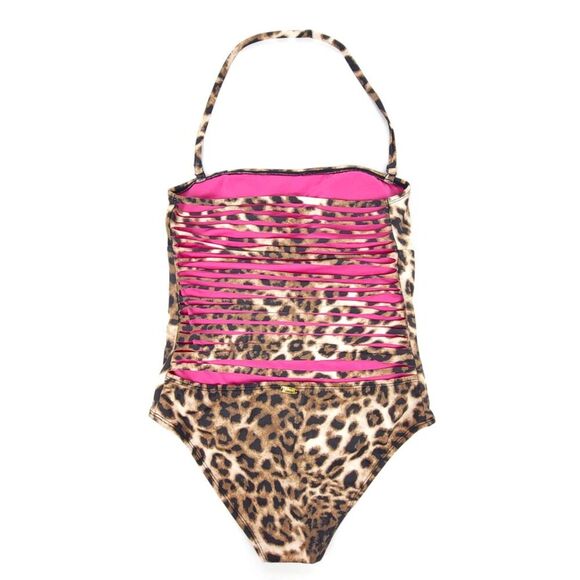 VINTAGE 90s Guess Strappy Halter Neck One Piece Swimsuit Cheetah Print Y2k Brown - Picture 2 of 9